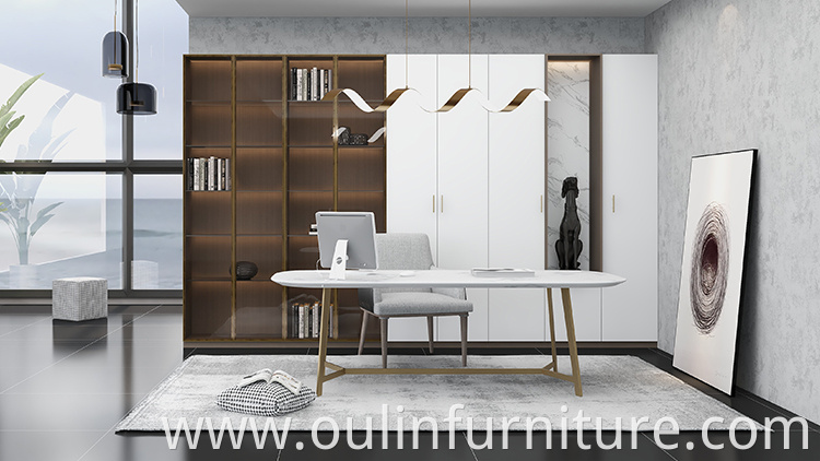 Modern white wooden corner bookcase with computer desk 